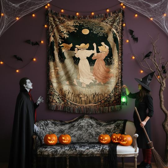 Discover Woven Blanket Halloween Witches Dancing Magical Night Spooky Season Autumn Style Cozy Home Decor Woven Cotton Jacquard for sofa and bed nook