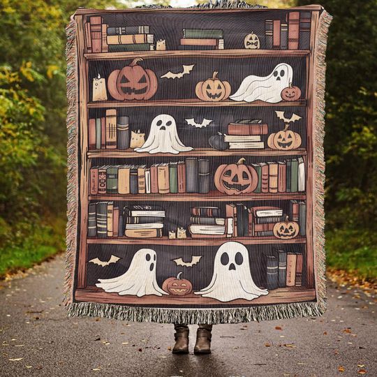 Discover Halloween Bookshelf Woven Throw Blanket: Spooky Ghost & Pumpkin Cottagecore Decor