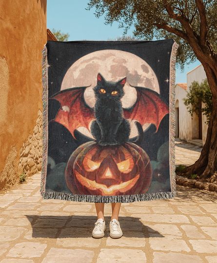 Halloween Black Cat   Woven Blanket, Bat Wing Cat Woven Blanket, Pumpkin Jack O Lantern Woven Blanket, Full Moon Night Blanket.