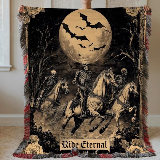 Discover Skeleton Horsemen Woven Blanket: Gothic Folklore Tapestry