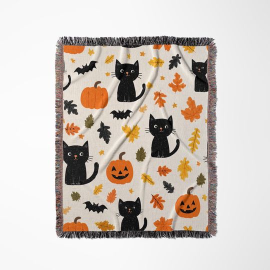 Discover Woven Halloween Throw Blanket: Black Cats, Pumpkins, Bats