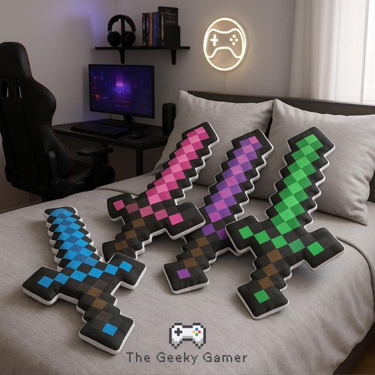 Discover Pixel Diamond Sword Pillow | Video Game | Gamer | Gamer Girl | Birthday Gift | Christmas Gift |Pixel Pillow | Gaming Room Decor |Home Deecor