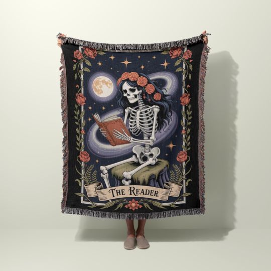 Discover Skeleton Reader Tarot Woven Blanket: Spooky Bookworm Gothic Decor