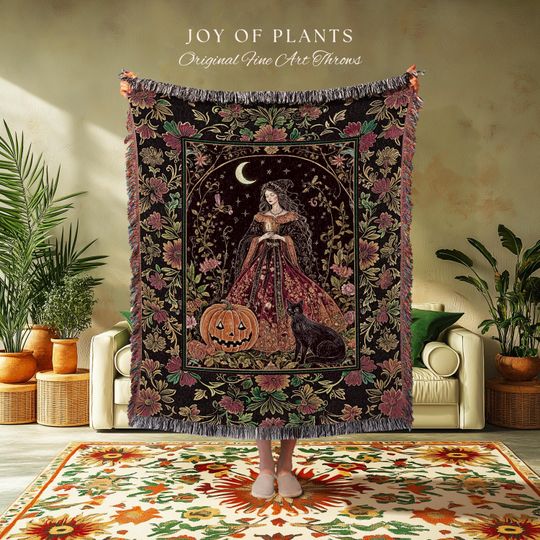 Discover Classic Halloween Aesthetic Witch Blanket | Cozy Black Cat Whimsical Decor Celestial Magic Fall Woven Wall Tapestry Enchanted Jack-O-Lantern
