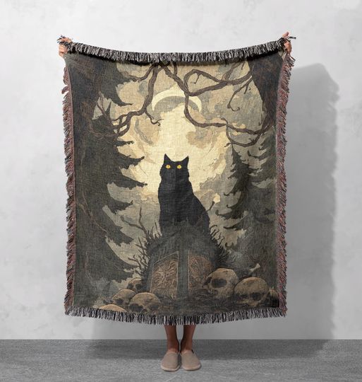 Gothic Black Cat Woven Blanket  , Witchy Decor For Pagan Hobby Woven Throw, Halloween Occult Gift For Friend, Spooky Goth Identity