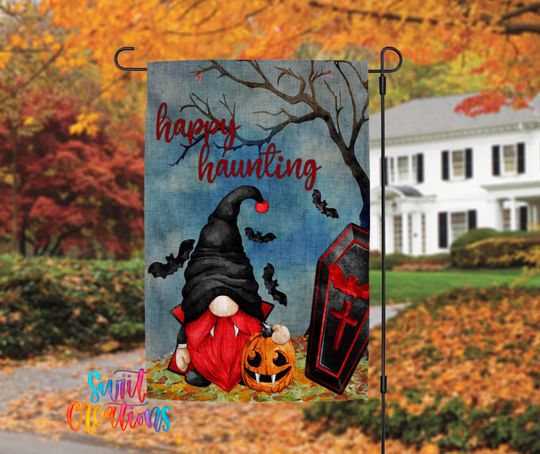 Vampire Gnome Halloween Garden Flag | Happy Haunting Flag | Spooky Outdoor Decor | Halloween Porch Decoration | Trick or Treat Flag | YF34