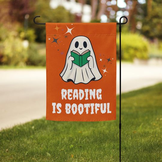 Discover Reading is Bootiful Little Library Garden flag | Ghost Reading a Book | Little Library Halloween Sign