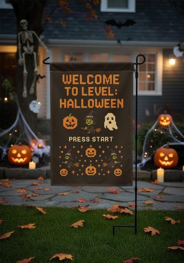Retro Video Game Halloween Garden Flag: Pixel Witch, Ghost & Pumpkin