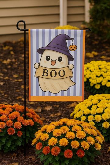 Cute Ghost Halloween Garden Flag, BOO Banner with Witch Hat and Pumpkin, Fall Outdoor Yard Decor, Fall parties