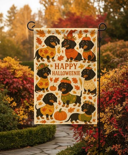 Discover Happy Halloweenie Garden Flag, Dachshund Halloween Yard Decor, Fall Pumpkin Outdoor Banner, Cute Wiener Dog Porch Decoration