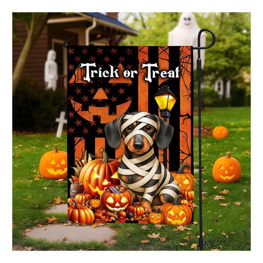 Dachshund Halloween Garden Flag: Mummy Dog, Pumpkins, Personalized