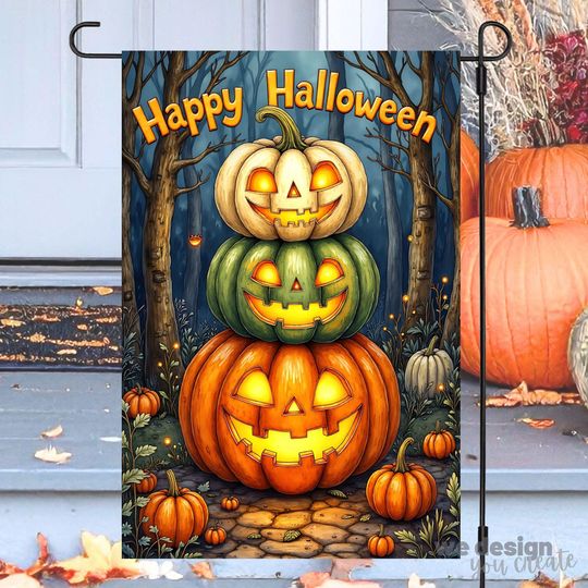 Discover Stacked Pumpkins Garden Flag PNG, Halloween Sublimation Design, Spooky Season Decor, 12x18 Flag PNG, Fall Outdoor Decor, Autumn Flag PNG