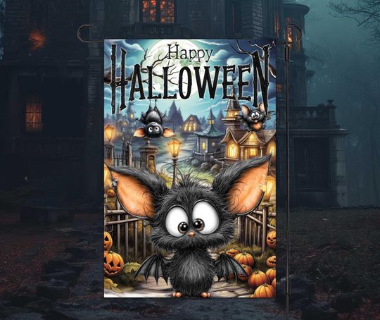 Discover Happy Halloween 12x18 Garden Flag Sublimation Design, Digital Download, PNG, Quirky Bat Garden Flag, Cute Spooky Bat Halloween Garden Flag