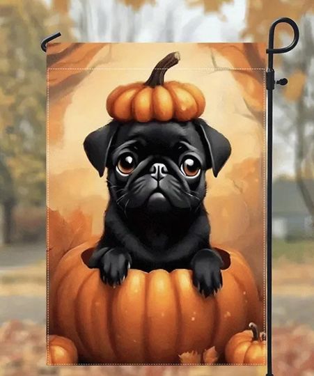 Fall Dog Garden Flag, Fall Garden Flag, Dog Garden Flag, Black Pug Garden Flag, Dog Flag, Dog Flag for Fall, Halloween Garden Flag