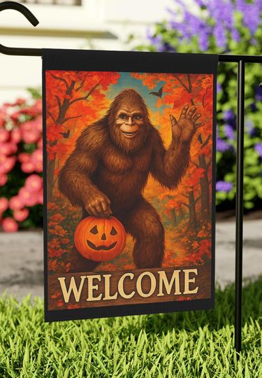Discover Bigfoot Halloween Garden Flag: Sasquatch Autumn Welcome Sign, 12 inch by 18 inch size