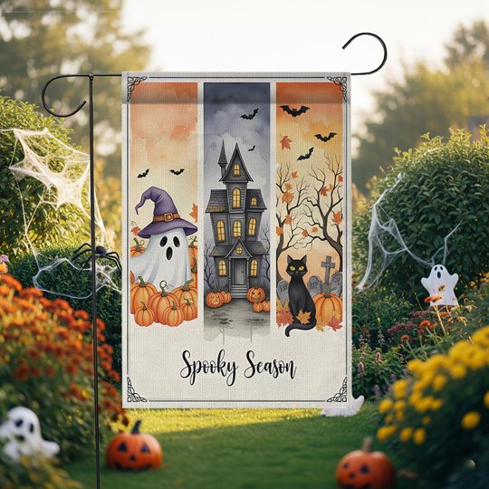Spooky Season Halloween Garden Flag  Ghost Cat Haunted House Yard Decor, Fall Outdoor Flag