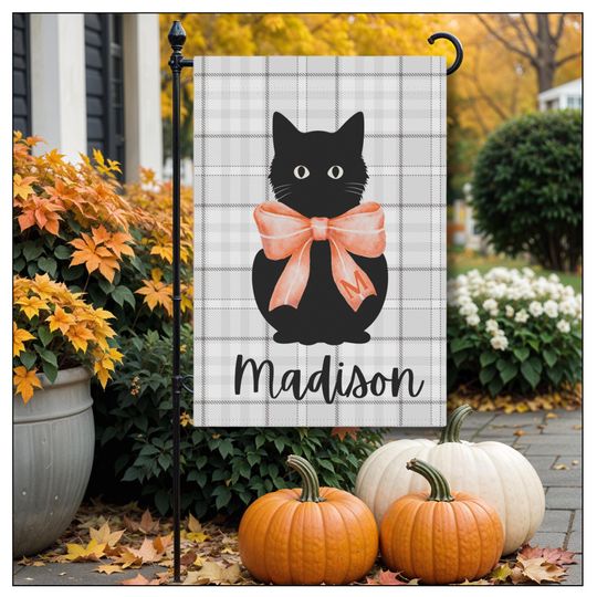 Discover Personalized Fall Garden Flag:  Black Cat with Coquette Bow and Last Name