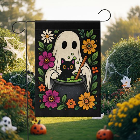 Discover Halloween Garden Flag  Ghost with Black Cat and Flowers Outdoor Yard Decoration