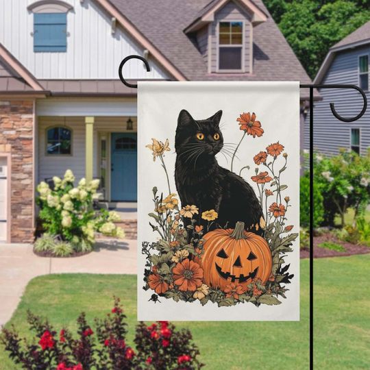 Discover Back Cat Pumpkin Garden Flag, Fall Season Outdoor Decor, Spooky Floral Yard Flag, Neutral Autumn Porch Decoration, Ghost Lawn Sign,Halloween