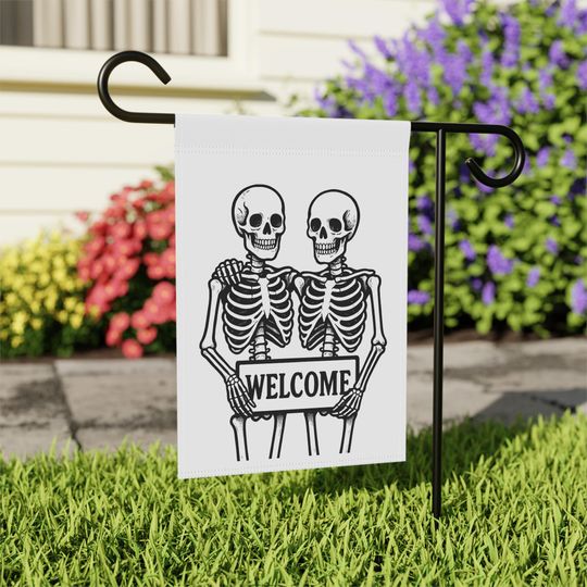 Welcome Skeleton Garden Banner, Halloween Outdoor Decor, Spooky Seasonal Sign, Cute Garden Flag, Housewarming Gift