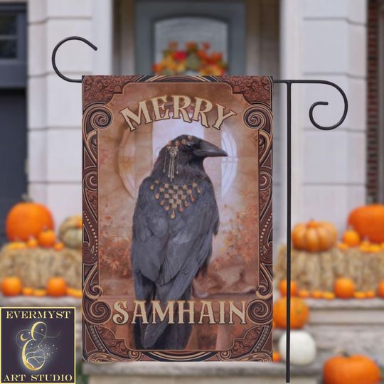 Merry Samhain Raven Garden Flag Witchy Crow Wicca Autumn Season Yard Decoration