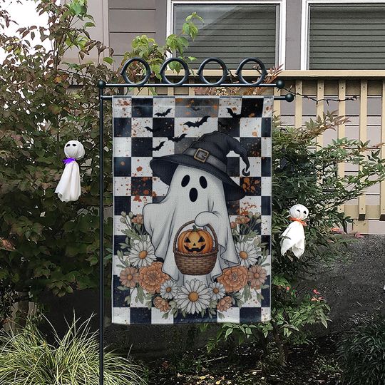Halloween Ghost Garden Flag | Witch Hat Ghost with Pumpkin Basket Fall Decor