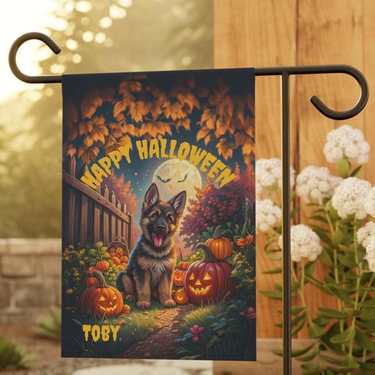 PERSONALIZED German Shepherd Halloween Garden Flag, Pet Halloween Flag, Shepherd Yard Decor, Shepherd Lawn Flag, Halloween Lawn Flag