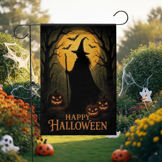 Discover Halloween Garden Flag: Witch Silhouette, Pumpkin & Bat Decor