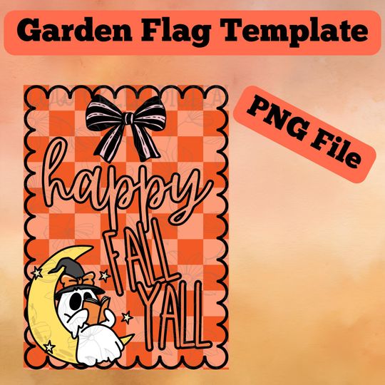 Discover Happy Fall Yall Garden Flag Template - Digital Download Only - Pink Orange Checkerboard Background Ghost Reading Book Girly Fall Halloween