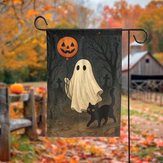 Discover Halloween Ghost Cat Garden Flag, Pumpkin Balloon Yard Decoration, Spooky Outdoor Fall Decor, Trick or Treat House Flag,Halloween Garden Flag