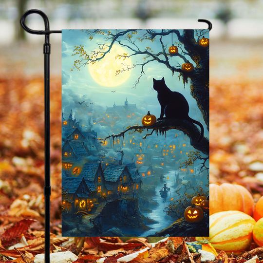 Haunted Village Black Cat Halloween Garden Flag Spooky Village Full Moon Cat Lover Front Door Spooky Decor Outdoor Black Cat Garden Banner
