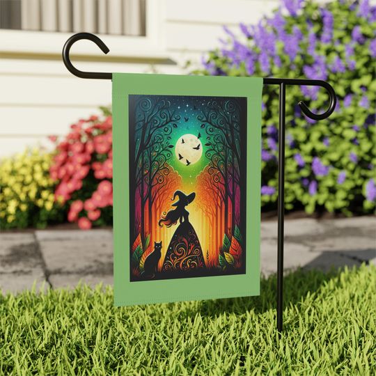 Discover Witch & Cat Halloween Garden Flag: Spooky Fantasy Art