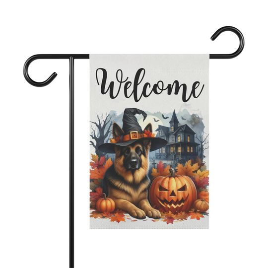 German Shepherd Halloween Garden Flag, Spooky Autumn Decor, Dog Lover Porch Sign