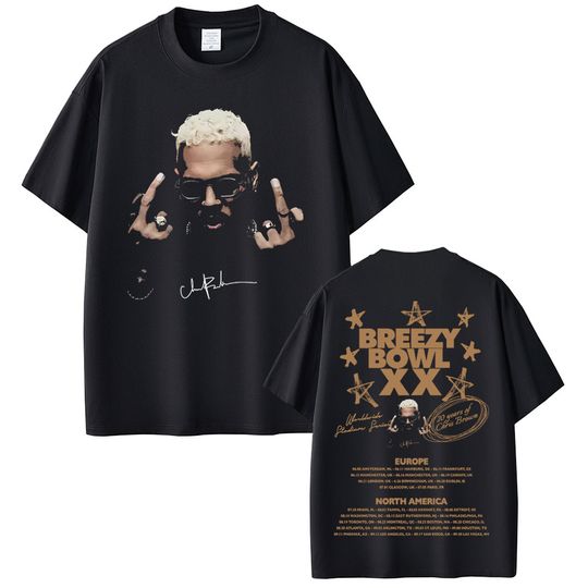 Discover Rapper Chris Brown Face Graphic T-shirts Breezy Bowl XX Tour 2025 T-shirt Summer Men Women Hip Hop Fashion Pop Music T Shirts