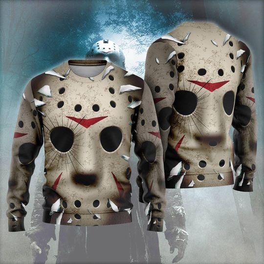 Discover Jason Voorhees Face Hoodie, Horror Character All Over Print Tee, Halloween Costume Meme, Jason Voorhees Horror Character Halloween Cosplay