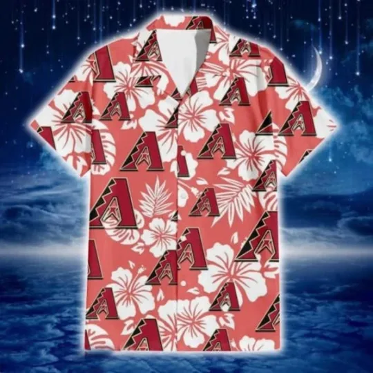 Arizonna Baseball Pattern White Hibiscus Salmon Background Hawaiian Shirt, Gift for Fan
