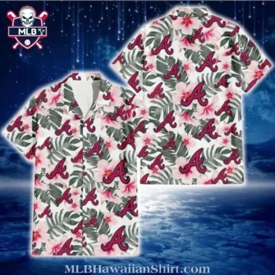 Discover Soft Pink Tropical Foliage Atlanta Baseball Hawaiian Shirt, Gift for Fan