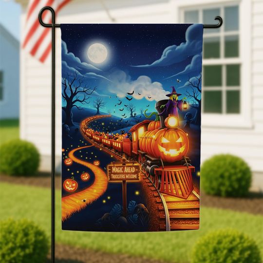 Discover Halloween Garden Flag: Pumpkin Train, Witch on Jack-o'-Lantern - Spooky Decor