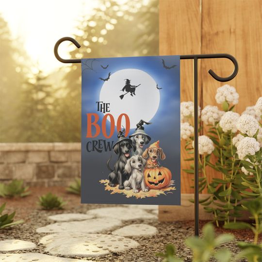 Discover A cute little garden flag  file with a couple of pups to display in your front yard for the Halloween season.