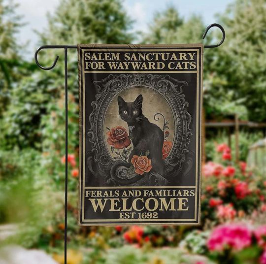 Salem Cat Sanctuary Garden Flag, Witchy Yard Banner, Welcome Ferals & Familiars Sign, Cat Lover Outdoor Decor, Gothic Halloween Decor