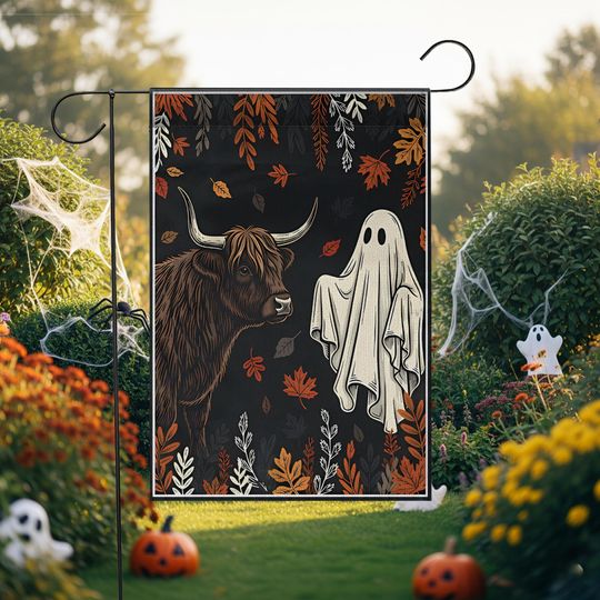 Halloween Garden Flag  Highland Cow with Ghost Design  Fall Outdoor Yard Decoration