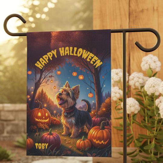PERSONALIZED Yorkie Halloween Garden Flag, Pet Halloween Flag, Yorkie Yard Decor, Yorkie Lawn Flag, Halloween Lawn Flag