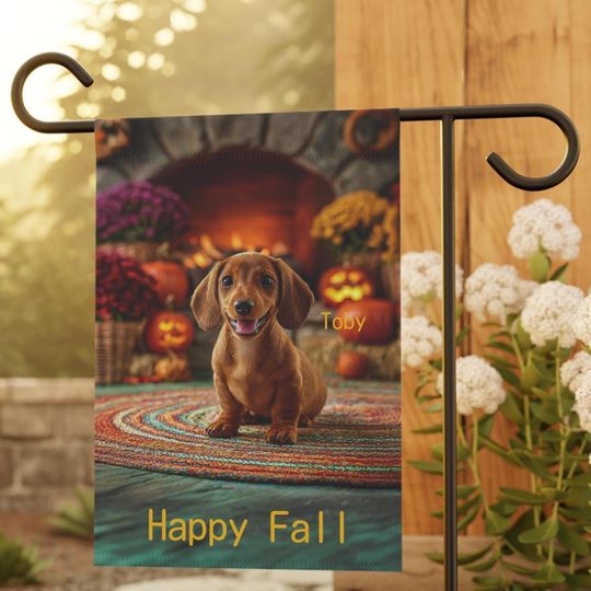 Discover PERSONALIZED, Dachshund Puppy Fall Garden Flag, Two Sizes, Doxie House Banner, Outdoor Decor, Autumn Yard Sign, Happy Puppy Pet Art,