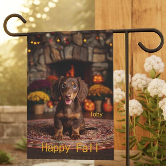 Discover PERSONALIZED, Dachshund Puppy Fall Garden Flag, Two Sizes, Doxie House Banner, Outdoor Decor, Autumn Yard Sign, Happy Puppy Pet Art,