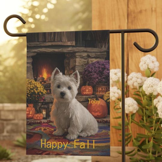 Discover PERSONALIZED, Westie Puppy Fall Garden Flag, Two Sizes, Westiee House Banner, Outdoor Decor, Autumn Yard Sign, Happy Puppy Pet Art,
