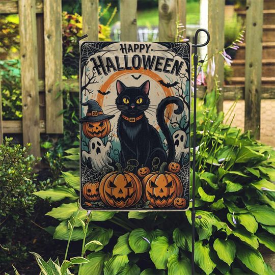 Discover Halloween Garden Flag: Black Cat, Pumpkins & Ghosts - Spooky Yard Decor