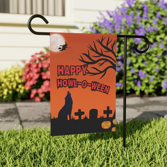 Discover Halloween Garden Flag: Spooky Wolf Silhouette, Witch Moonlight - Double-Sided