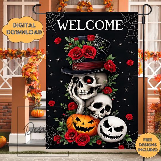 Discover Garden Flag  , Halloween Welcome Sign, Skull Sublimation   , Patio House Decor, Autumn Wall Art, Home Decor Clipart dtf