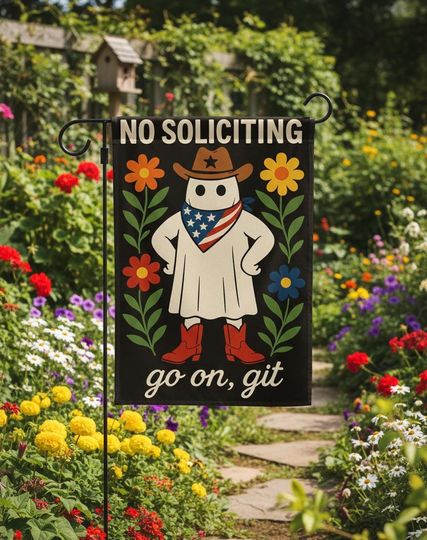 Discover No Soliciting Halloween Garden Flag, Funny Ghost Yard Sign, Spooky Outdoor Porch Decor, Go On Git Banner for Fall Lawn,Western Outdoor Decor