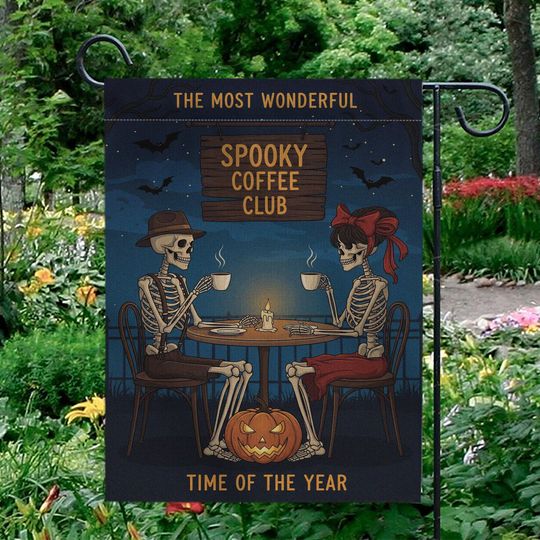 Discover Spooky Coffee Club Garden Flag: Halloween Skeleton Yard Decor